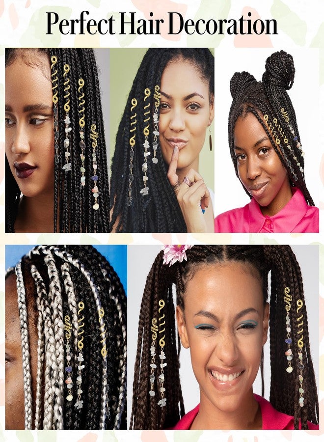 Tyqour 6PCS Hair Jewelry for Braids, Natural Stone Hair Braid Accessories, Colored Crystal Charms for Braids Dreadlock, Gold Spirals Cuffs Rings for Women Girls, Rave Festival Hairstyle Decoration - Image 4